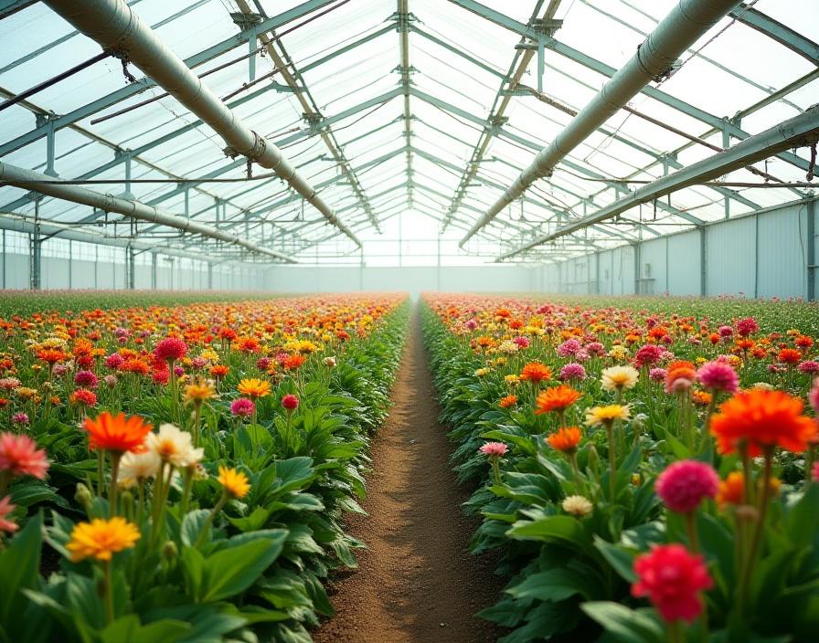 Wide shot of the interior of the Geyser Petals geothermal greenhouse, filled with rows of flowers.