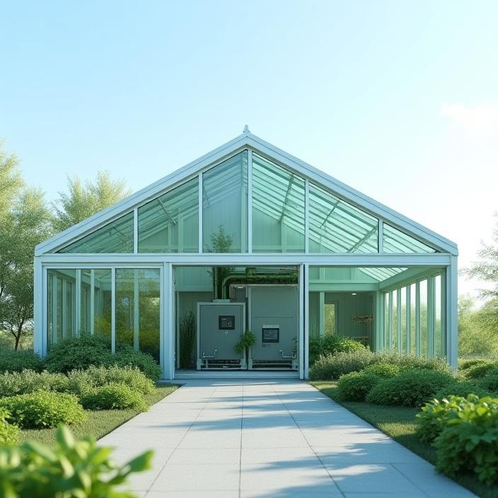 A modern greenhouse with a visible geothermal heating unit.
